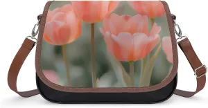 Women's Handbag Pink Tulips Flowers Satchel Bag Leather Crossbody Bag Waterproof Messenger Bag