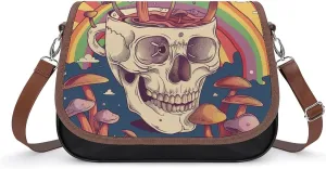 Women's Handbag Rainbow Skull Mushrooms Satchel Bag Leather Crossbody Bag Waterproof Messenger Bag