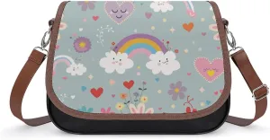 Women's Handbag Rainbows Flowers Hearts Cute Pattern Satchel Bag Leather Crossbody Bag Waterproof Messenger Bag