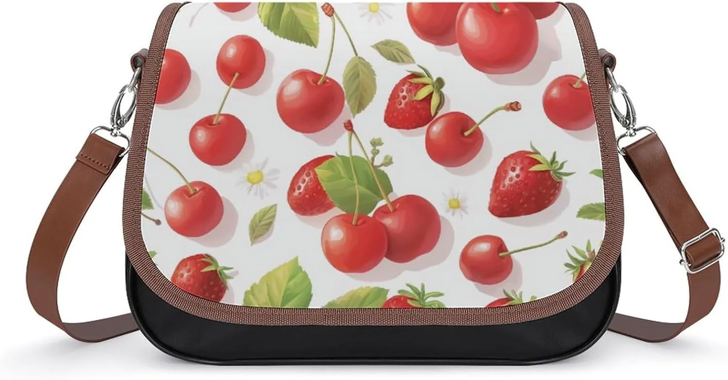 Women's Handbag Red Cherry And Strawberry Patterns Satchel Bag Leather Crossbody Bag Waterproof Messenger Bag