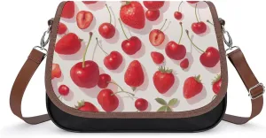 Women's Handbag Red Cherry And Strawberry Patterns Satchel Bag Leather Crossbody Bag Waterproof Messenger Bag