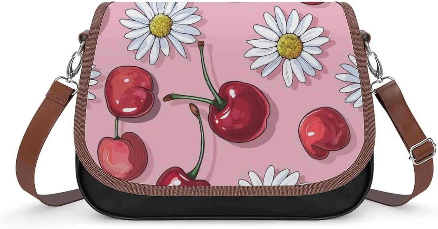 Women's Handbag Red Cherry Daisy Flowers Satchel Bag Leather Crossbody Bag Waterproof Messenger Bag