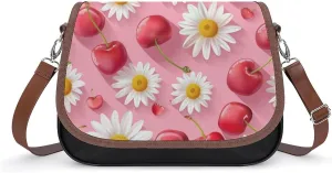Women's Handbag Red Cherry Daisy Flowers Satchel Bag Leather Crossbody Bag Waterproof Messenger Bag