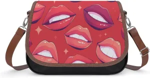 Women's Handbag Red Pink Lips Pattern Satchel Bag Leather Crossbody Bag Waterproof Messenger Bag