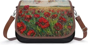 Women's Handbag Red Poppy Flowers Painting Satchel Bag Leather Crossbody Bag Waterproof Messenger Bag