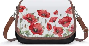 Women's Handbag Red Poppy Flowers Satchel Bag Leather Crossbody Bag Waterproof Messenger Bag