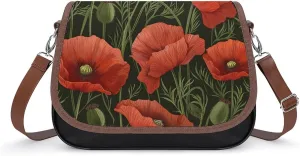 Women's Handbag Red Poppy Green Leaf Bunch Satchel Bag Leather Crossbody Bag Waterproof Messenger Bag