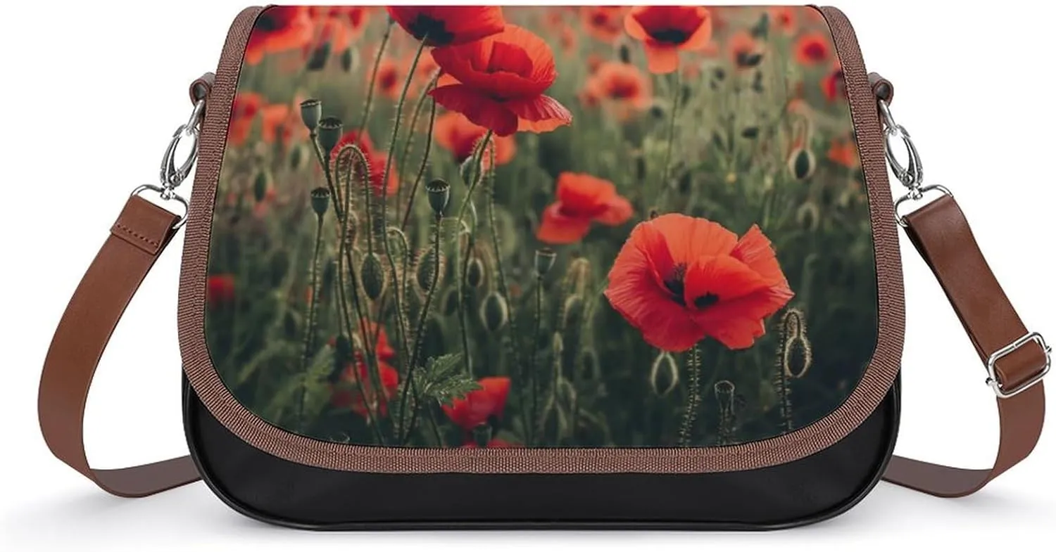 Women's Handbag Red Poppy Poppies Flowers Blossom Satchel Bag Leather Crossbody Bag Waterproof Messenger Bag