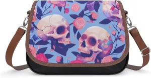 Women's Handbag Roses Flowers Skulls Pattern Satchel Bag Leather Crossbody Bag Waterproof Messenger Bag