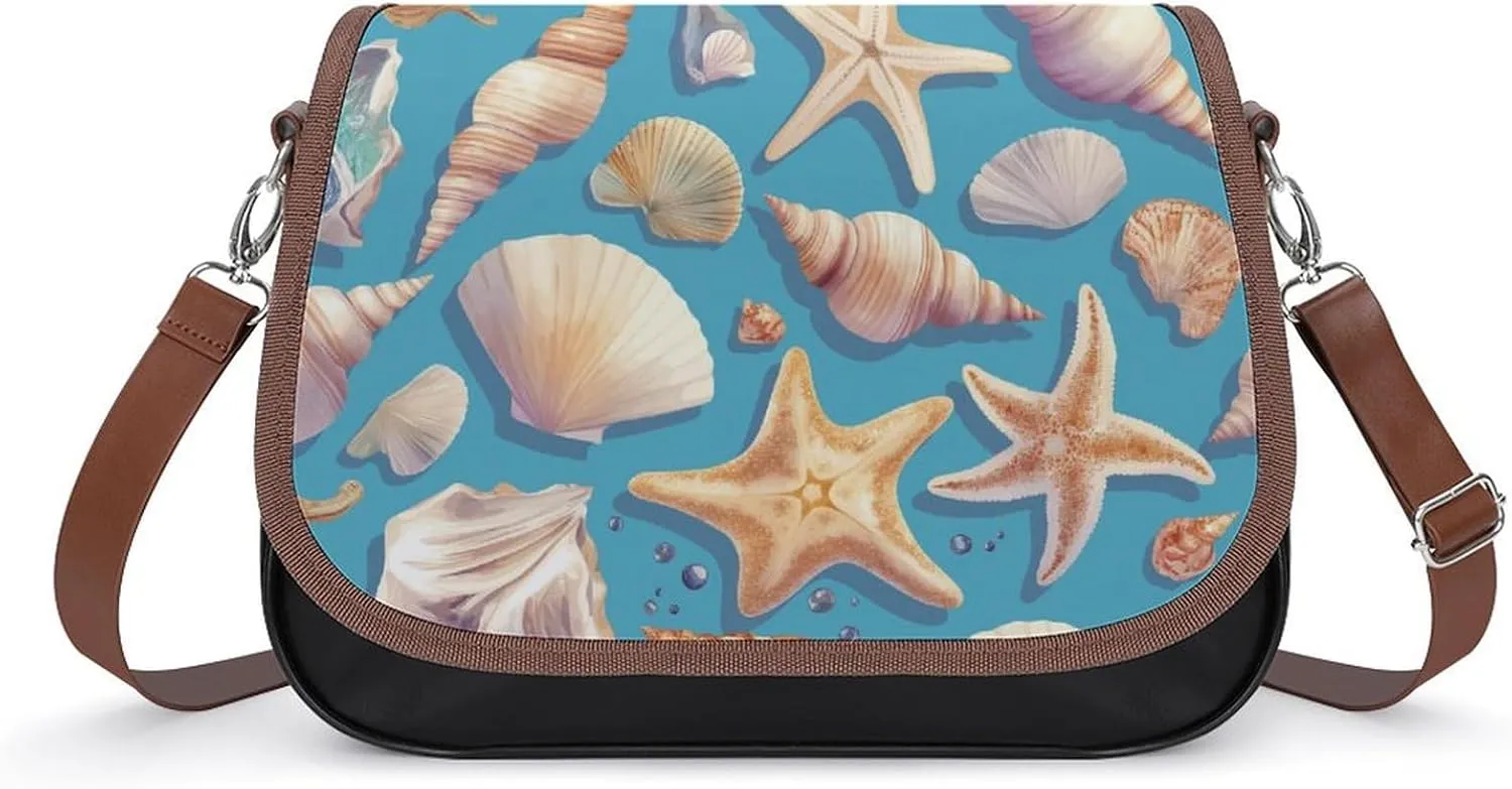 Women's Handbag Seasheels Starfish Pattern Satchel Bag Leather Crossbody Bag Waterproof Messenger Bag