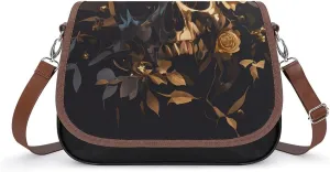 Women's Handbag Skull And Golded Rose Flowers Satchel Bag Leather Crossbody Bag Waterproof Messenger Bag