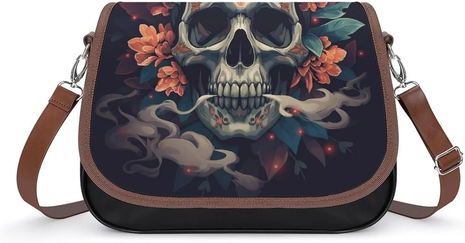 Women's Handbag Skull With Colorful Flowers Satchel Bag Leather Crossbody Bag Waterproof Messenger Bag