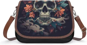 Women's Handbag Skull With Colorful Flowers Satchel Bag Leather Crossbody Bag Waterproof Messenger Bag