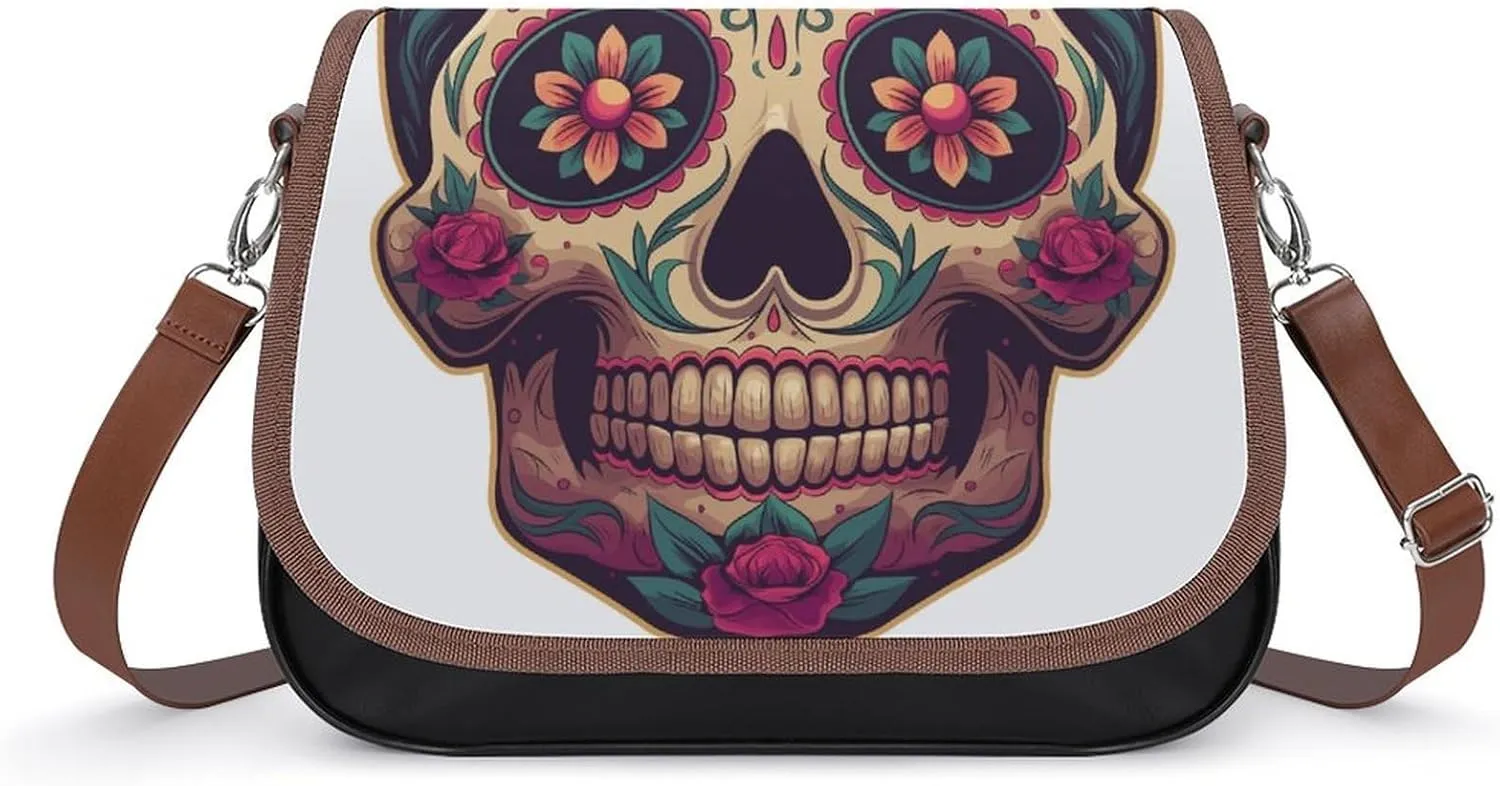 Women's Handbag Sugar Skull Floral Flowers Satchel Bag Leather Crossbody Bag Waterproof Messenger Bag