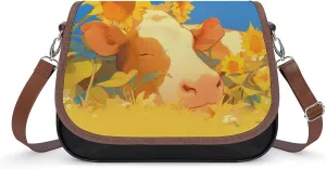 Women's Handbag Sunflower And Cow Satchel Bag Leather Crossbody Bag Waterproof Messenger Bag