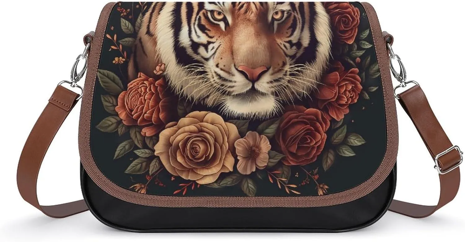 Women's Handbag Tiger With Roses Flowers Satchel Bag Leather Crossbody Bag Waterproof Messenger Bag