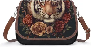 Women's Handbag Tiger With Roses Flowers Satchel Bag Leather Crossbody Bag Waterproof Messenger Bag