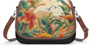 Women's Handbag Tropical Leaves Flowers Hummingbirds Satchel Bag Leather Crossbody Bag Waterproof Messenger Bag