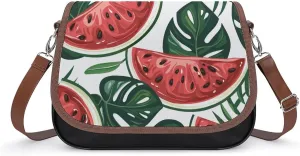 Women's Handbag Tropical Leaves Watermelons Satchel Bag Leather Crossbody Bag Waterproof Messenger Bag