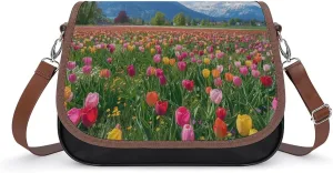 Women's Handbag Tulip Blossom Flowers Field Satchel Bag Leather Crossbody Bag Waterproof Messenger Bag