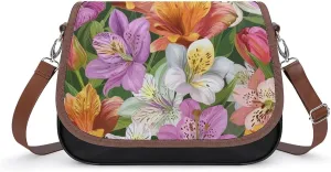 Women's Handbag Tulip Flowers Blossom Colorful Satchel Bag Leather Crossbody Bag Waterproof Messenger Bag