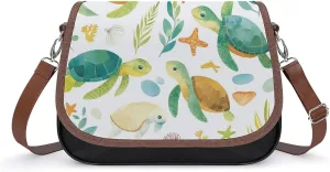 Women's Handbag Turtle Flowers Pattern Satchel Bag Leather Crossbody Bag Waterproof Messenger Bag