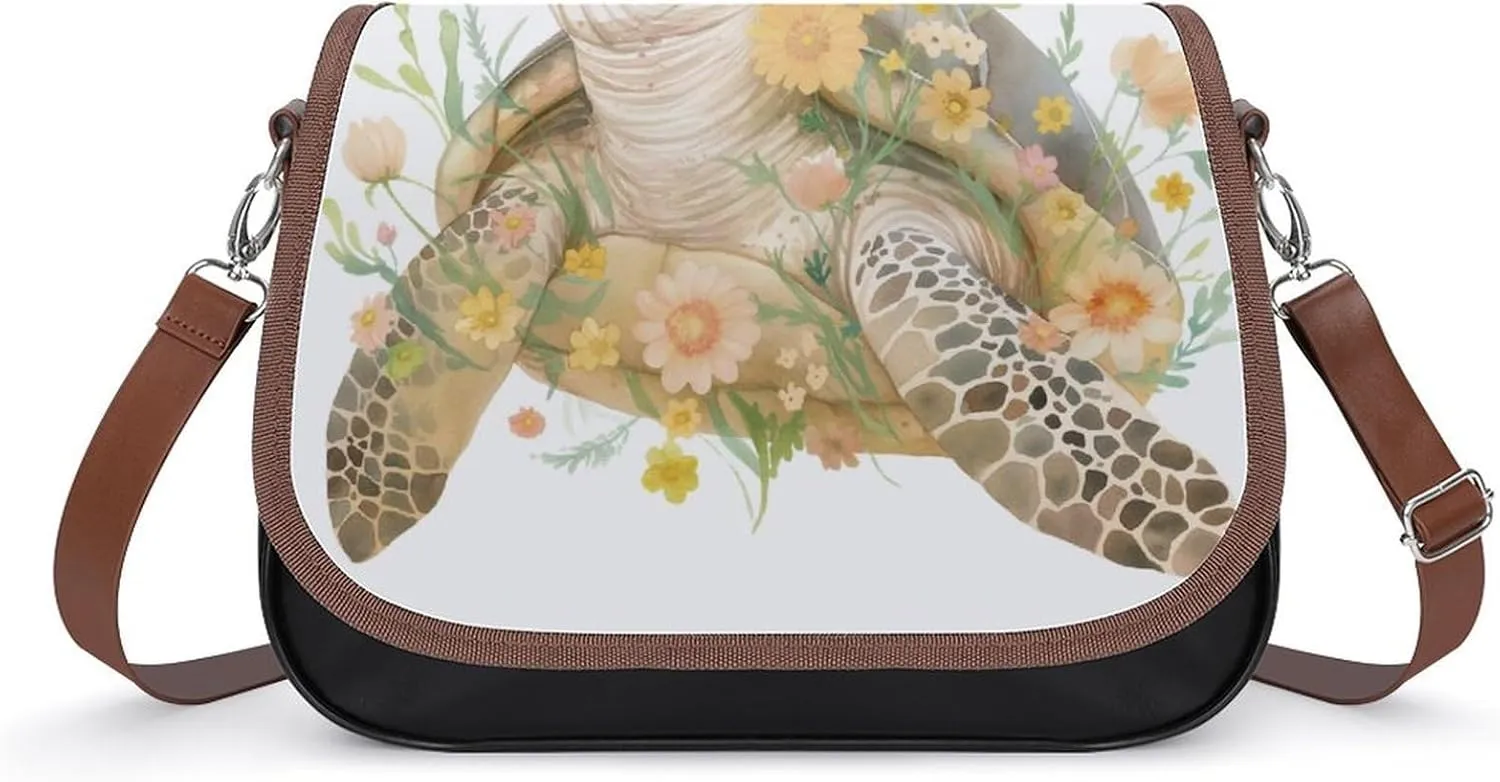 Women's Handbag Turtle With Flowers Satchel Bag Leather Crossbody Bag Waterproof Messenger Bag