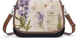 Women's Handbag Vintage Lavender Flowers Satchel Bag Leather Crossbody Bag Waterproof Messenger Bag