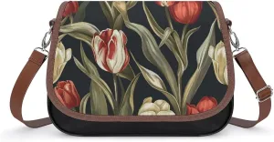 Women's Handbag Vintage Tulips Flowers Satchel Bag Leather Crossbody Bag Waterproof Messenger Bag