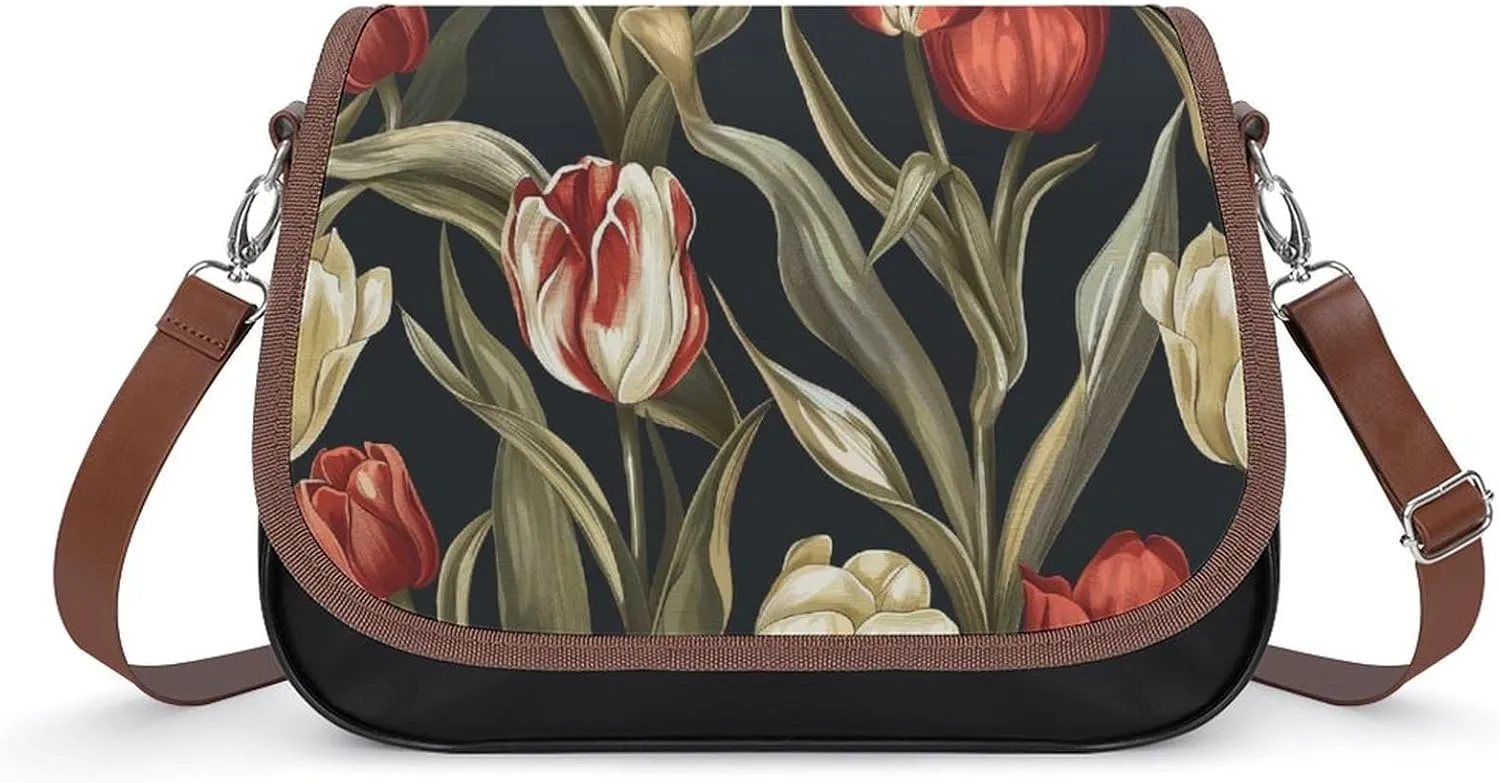 Women's Handbag Vintage Tulips Flowers Satchel Bag Leather Crossbody Bag Waterproof Messenger Bag