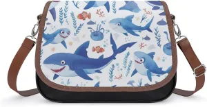 Women's Handbag Watercolor Blue Sharks Pattern Satchel Bag Leather Crossbody Bag Waterproof Messenger Bag