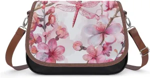 Women's Handbag Watercolor Cherry Blossom Dragonfly Satchel Bag Leather Crossbody Bag Waterproof Messenger Bag