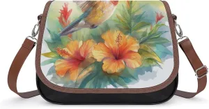 Women's Handbag Watercolor Hummingbird Blossom Flowers Satchel Bag Leather Crossbody Bag Waterproof Messenger Bag