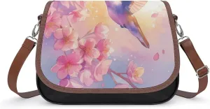 Women's Handbag Watercolor Hummingbird Blossom Flowers Satchel Bag Leather Crossbody Bag Waterproof Messenger Bag