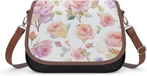 Women's Handbag Watercolor Roses Flowers Satchel Bag Leather Crossbody Bag Waterproof Messenger Bag