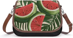Women's Handbag Watermelons Slices Tropical Palm Leaves Satchel Bag Leather Crossbody Bag Waterproof Messenger Bag