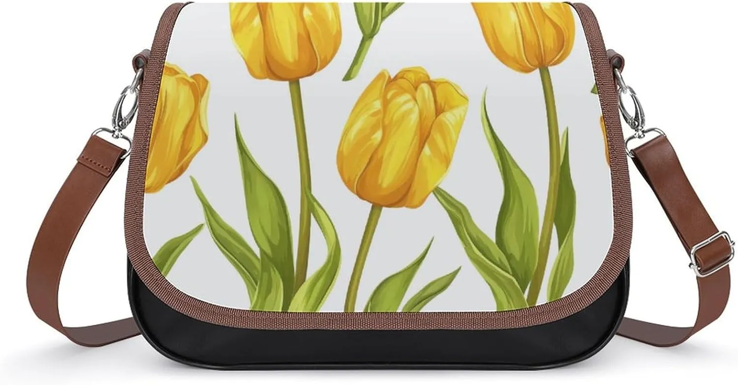 Women's Handbag Yellow Tulips Flowers Satchel Bag Leather Crossbody Bag Waterproof Messenger Bag