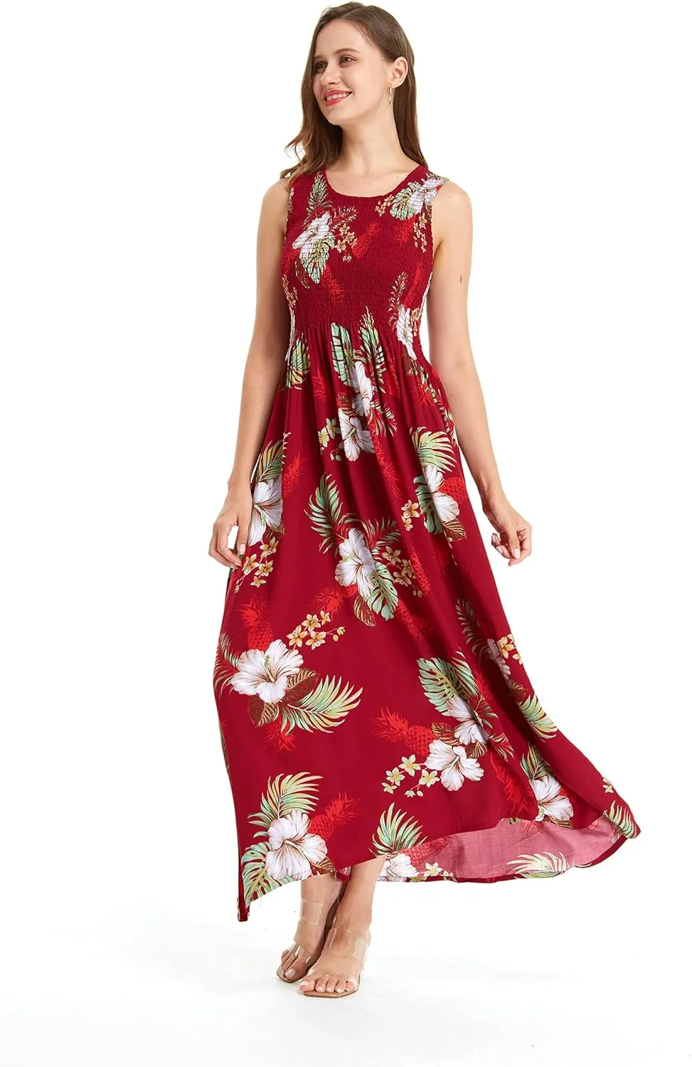 Women's Hawaiian Maxi Tank Elastic Luau Dress Pineapple Garden