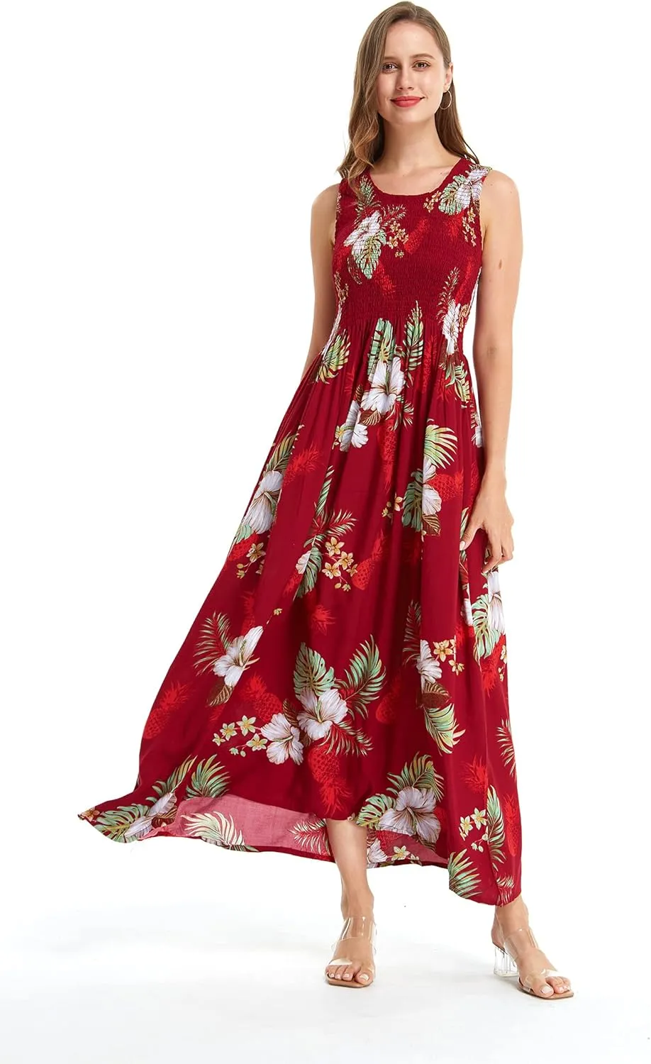 Women's Hawaiian Maxi Tank Elastic Luau Dress Pineapple Garden