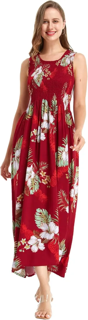 Women's Hawaiian Maxi Tank Elastic Luau Dress Pineapple Garden