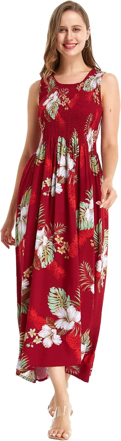 Women's Hawaiian Maxi Tank Elastic Luau Dress Pineapple Garden