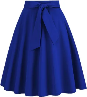 Women's High Waist A-Line Skirt Lace Up Flared Hepburn Midi Skirts Vintage Cocktail Party Swing Knee Length Skirt