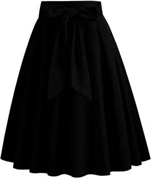 Women's High Waist A-Line Skirt Lace Up Flared Hepburn Midi Skirts Vintage Cocktail Party Swing Knee Length Skirt