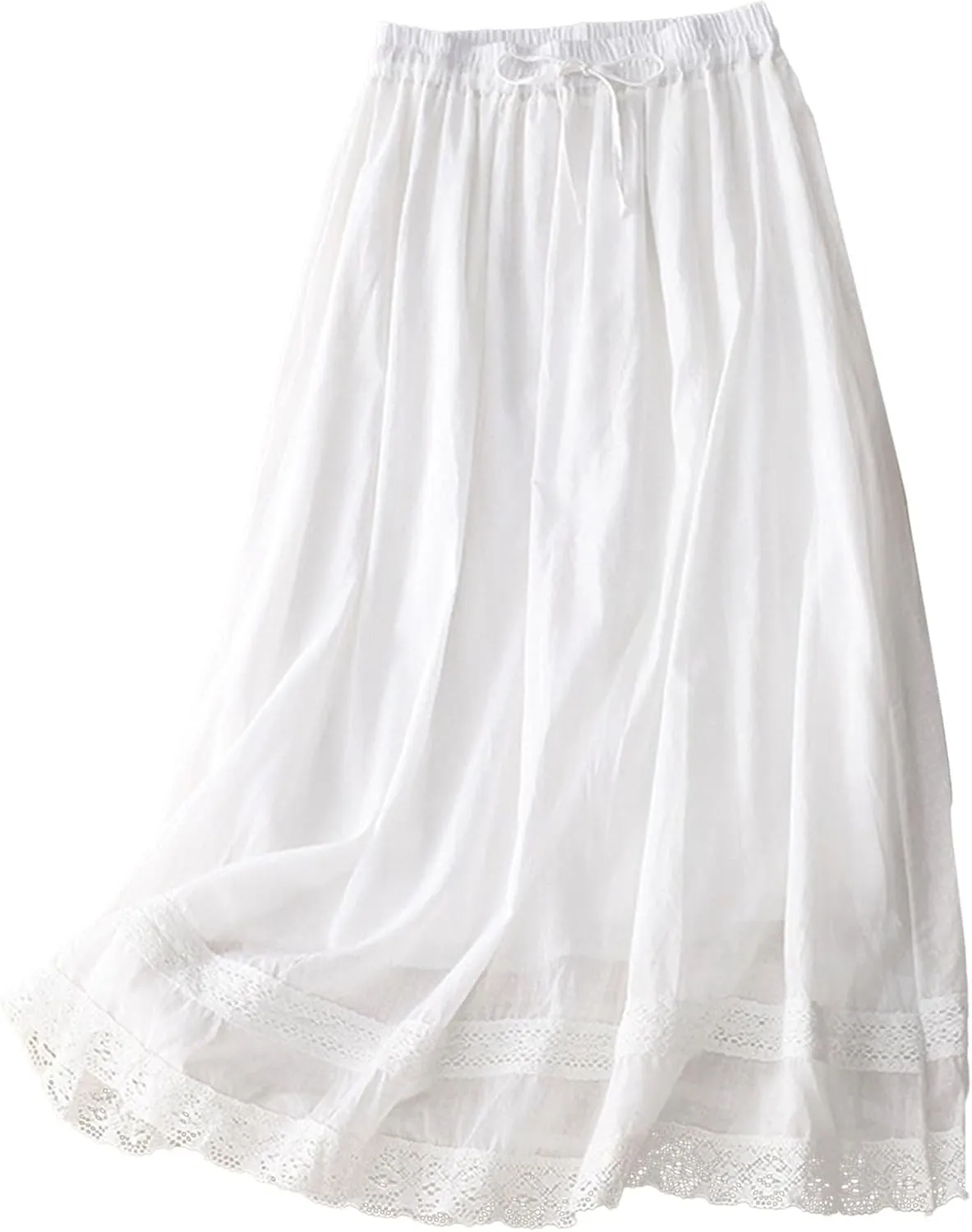 Womens Lace Cotton Linen Skirt Drawstring Elastic Waist A Line Beach Skirts Summer Bohemian Casual Flowy Maxi Skirt