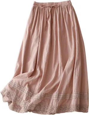 Womens Lace Cotton Linen Skirt Drawstring Elastic Waist A Line Beach Skirts Summer Bohemian Casual Flowy Maxi Skirt