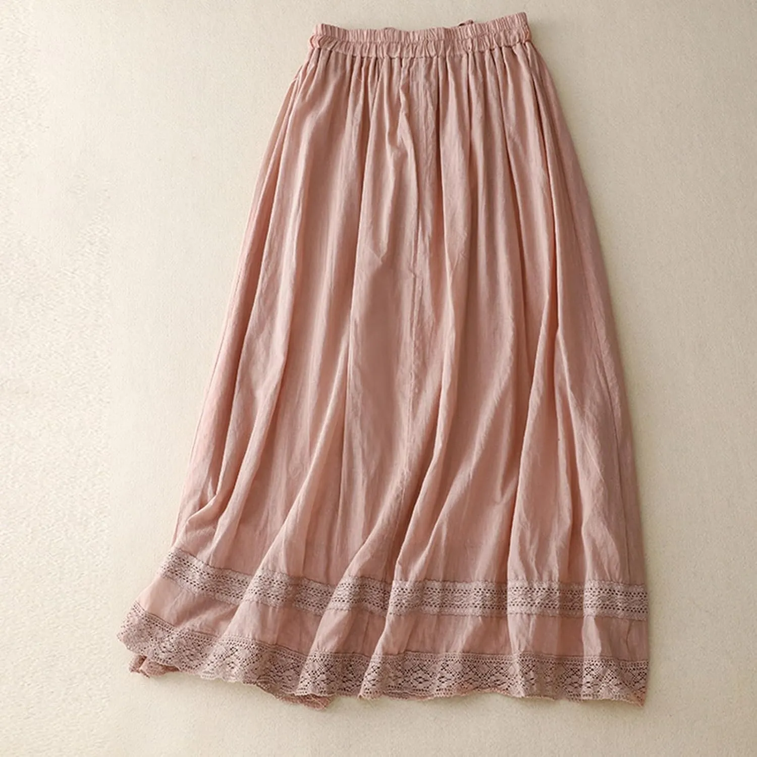 Womens Lace Cotton Linen Skirt Drawstring Elastic Waist A Line Beach Skirts Summer Bohemian Casual Flowy Maxi Skirt