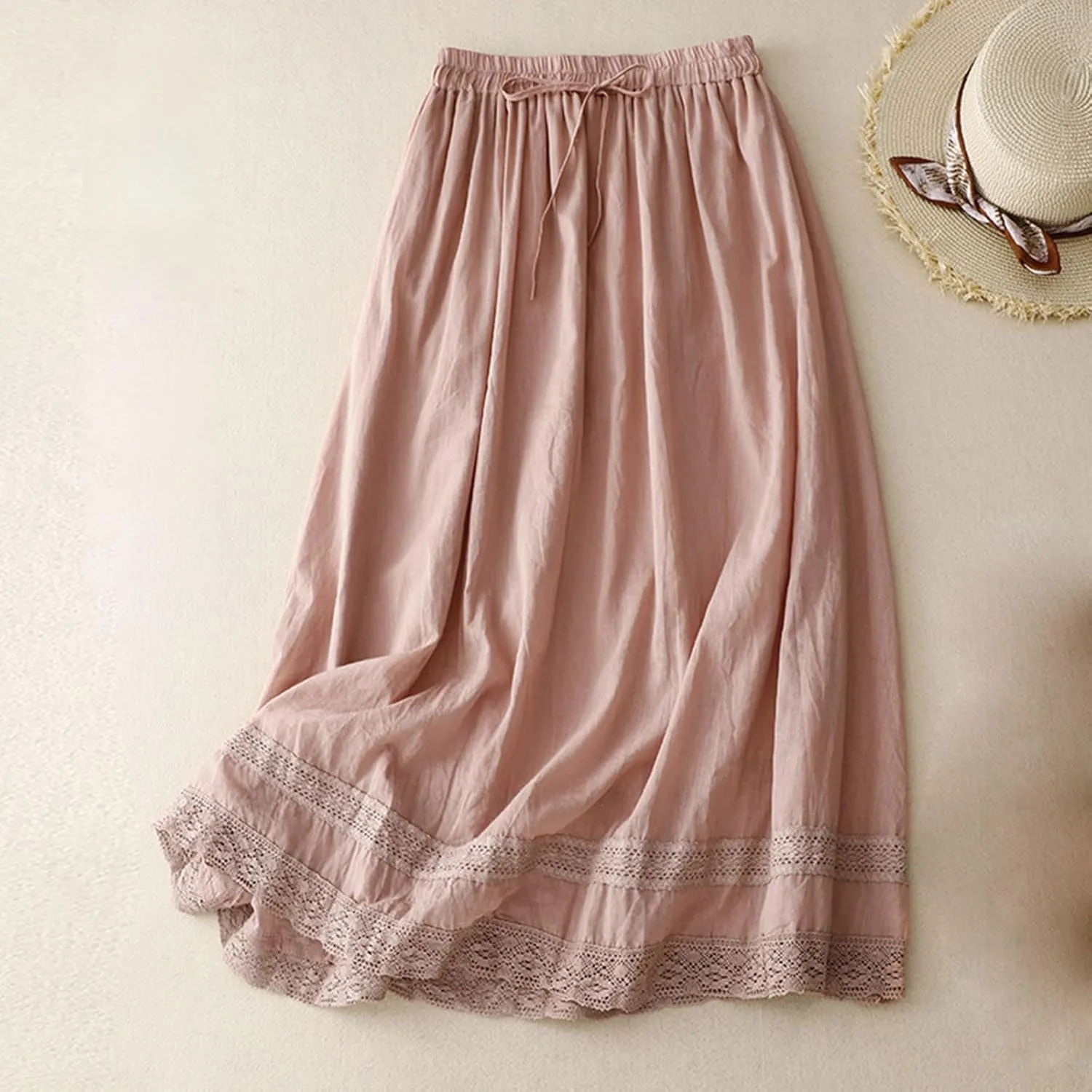 Womens Lace Cotton Linen Skirt Drawstring Elastic Waist A Line Beach Skirts Summer Bohemian Casual Flowy Maxi Skirt