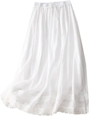 Womens Lace Cotton Linen Skirt Drawstring Elastic Waist A Line Beach Skirts Summer Bohemian Casual Flowy Maxi Skirt