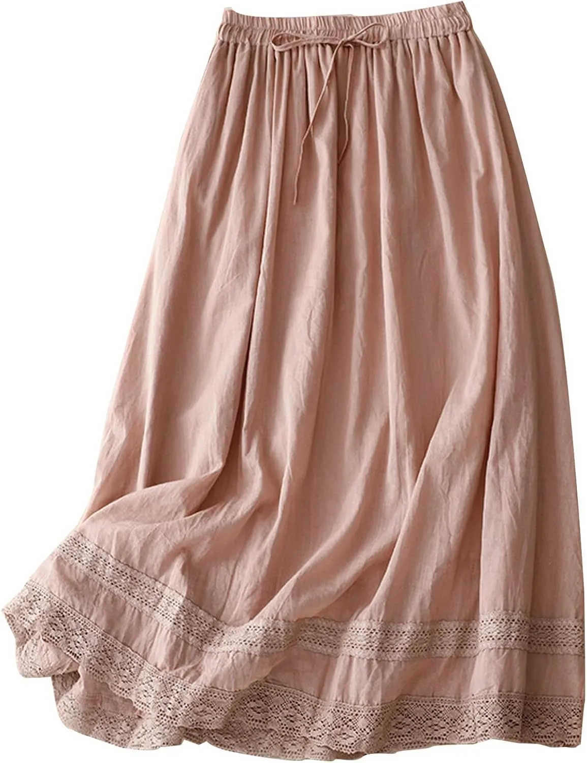 Womens Lace Cotton Linen Skirt Drawstring Elastic Waist A Line Beach Skirts Summer Bohemian Casual Flowy Maxi Skirt