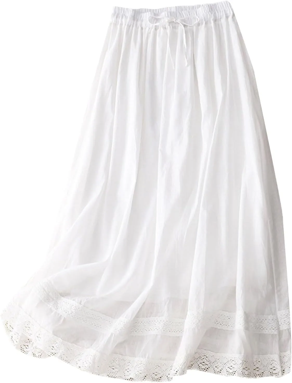 Womens Lace Cotton Linen Skirt Drawstring Elastic Waist A Line Beach Skirts Summer Bohemian Casual Flowy Maxi Skirt